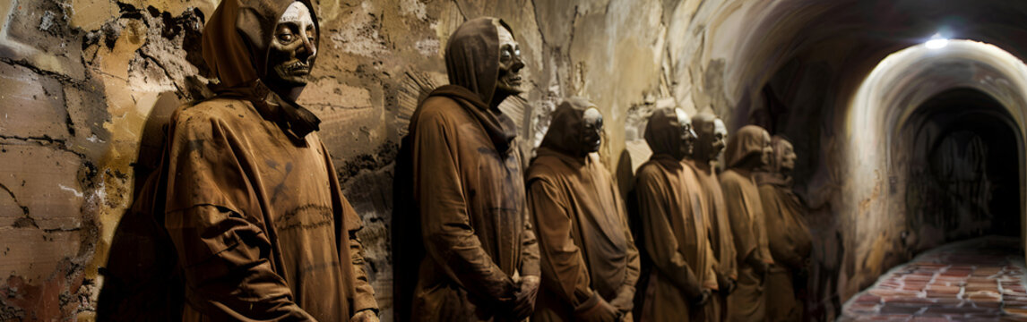 Creepy hooded figures standing in dark tunnel with stone walls
