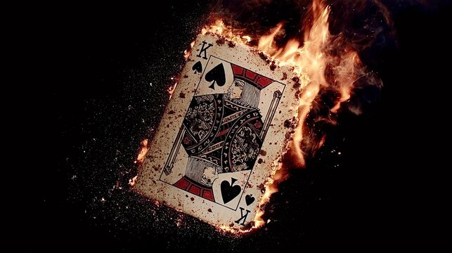 King of spades playing card burning with fire