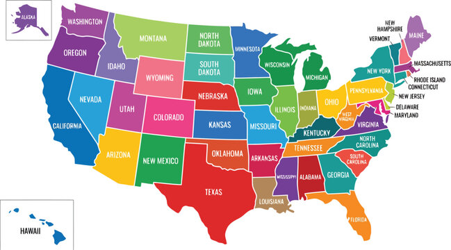 Colorful Map of United States with Labeled States