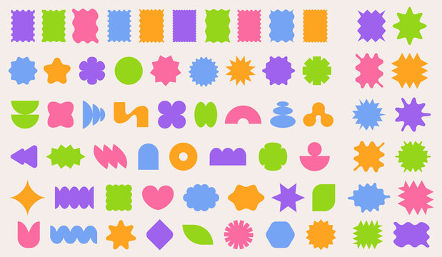 Y2k stickers set. Color geometric figures. Abstract badge vector kit. Vibrant shape bundle Y2K star, triangle, square and abstract form. Retro graphic decoration template in the Bauhaus style.