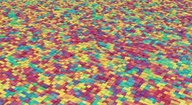 A colorful abstract background created from numerous tiny, irregular pixel blocks, suggesting digital distortion or retro geometric noise, square, shape, pixel