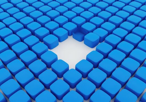 A consistent array of blue shapes features an obvious void where one element should be placed, illustrating a blank area within a uniform sequence, opportunity, matrix, element