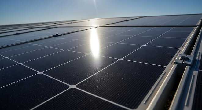 A close up view of blue solar panels capturing bright sunlight against a clear blue sky background