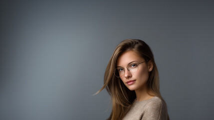 Fototapeta premium elegant european woman in soft studio lighting, modern professional woman with minimalist style, intellectual female portrait with natural expression