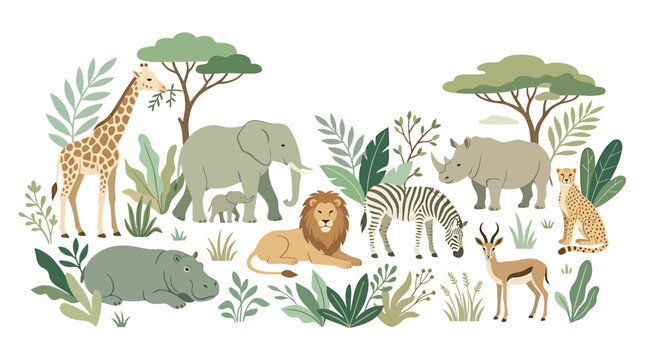 African Safari Animals Collection: Giraffe, Elephant, Lion, Zebra, Rhino, Hippo, Cheetah, Antelope