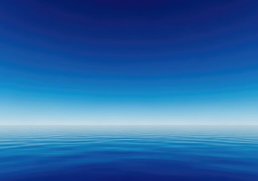 A striking minimalist composition showing the clear demarcation between the deep blue sky and the vast, reflective surface below at the empty horizon line, blank, water, landscape
