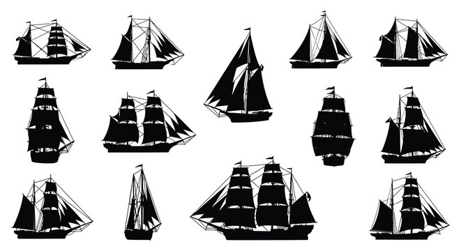Collection of vintage sailing ships depicted in black silhouette