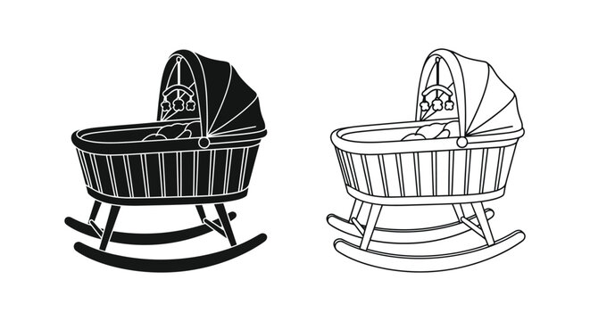 Two black and white illustrations of vintage baby carriages or prams