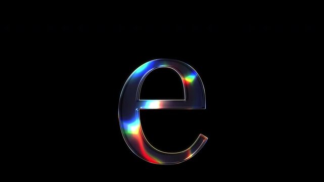 A lowercase letter "e" shimmering with various colored lights on a glass-like surface with an alpha channel. Serif font. Seamless loop video.
