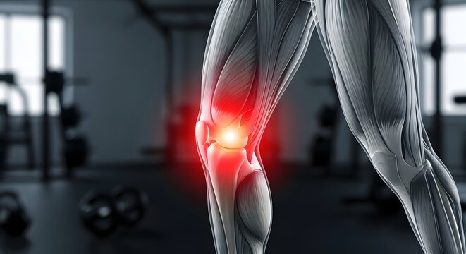 Knee joint inflammation and patella tendon injury. Sports medicine and ligament repair. 3D anatomical view of human leg muscles with a red glow on the kneecap