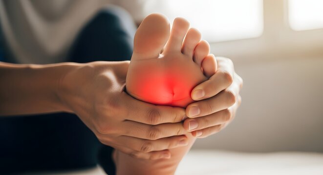 Plantar fasciitis and foot arch inflammation. Podiatry massage and self care. Close up of hands massaging a human foot with a bright red pain spot on the sole