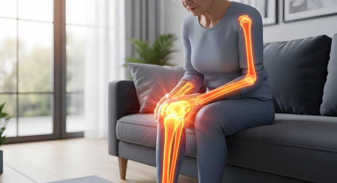 Senior woman suffering from knee and elbow joint pain. Osteoarthritis and elderly healthcare. Older female sitting on a sofa touching her glowing leg and arm joints