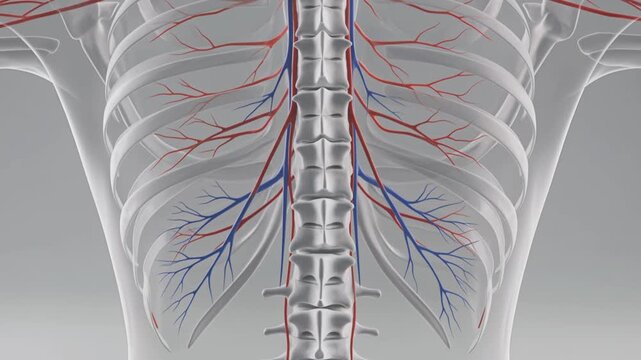 The human body displays a detailed illustration of the spine and ribcage with visible blood vessels and nerves branching out.