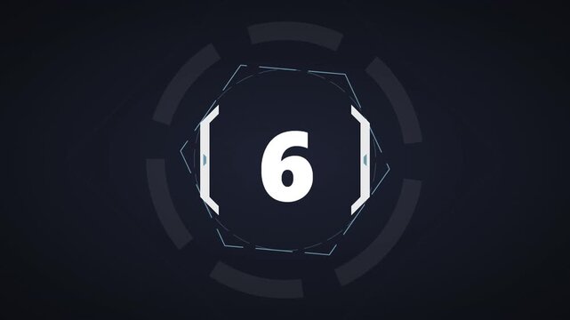 Futuristic digital countdown animation from ten to zero, showcasing sleek hexagonal user interface elements and modern tech display for precise