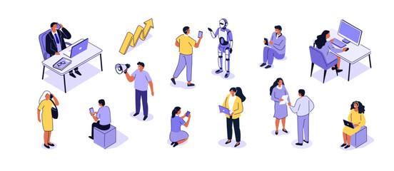People in office isometric collection. Characters using laptop, smartphone, integrating with ai robot. Vector illustration. 