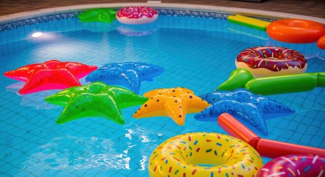 Brightly colored pool inflatables like starfish and donuts float on the water, creating a festive summer atmosphere.