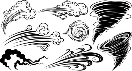 Fototapeta premium Collection of black and white drawings of smoke, wind, and tornado shapes swirl vortex