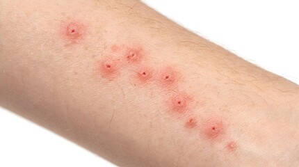 Naklejka premium Red Bed Bug Bites in a Linear Row on Human Skin