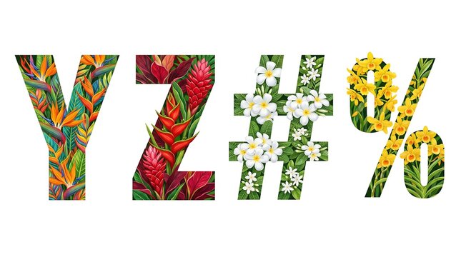 Colorful letters and symbols made of floral patterns with Flower font Alphabet