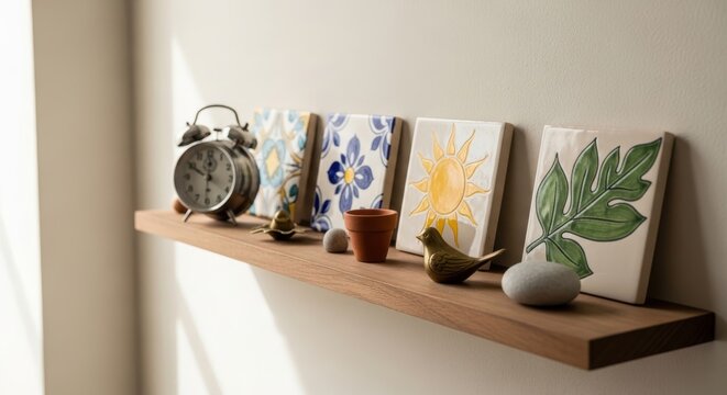 Collection of Hand-Painted Ceramic Tiles Displayed with Decorative Objects on a Wooden Shelf