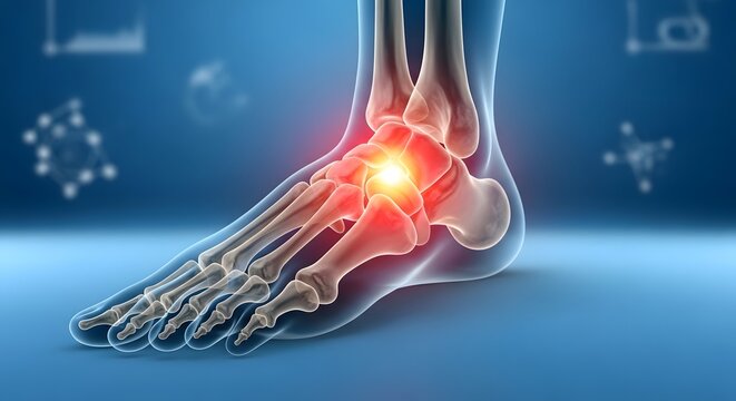 Chronic ankle joint pain and orthopedic bone anatomy. Rheumatology and foot inflammation. 3D skeletal foot model showing glowing red pain points in the tarsal bones