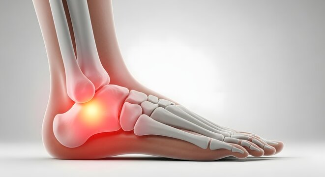 Heel spur and Achilles tendon inflammation. Podiatry and orthopedic bone health. 3D skeletal model of a human foot with a bright red glowing pain point on the calcaneus bone