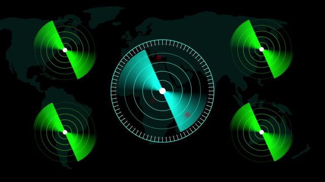 Global radar screen displaying world map with multiple scanning signals and detection points video