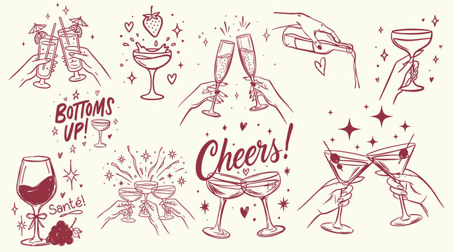 A vector illustration set featuring hand-drawn doodles of various glasses, toasts, and celebration symbols, perfect for use in event marketing, social media posts, and drink promotions in hospitality 