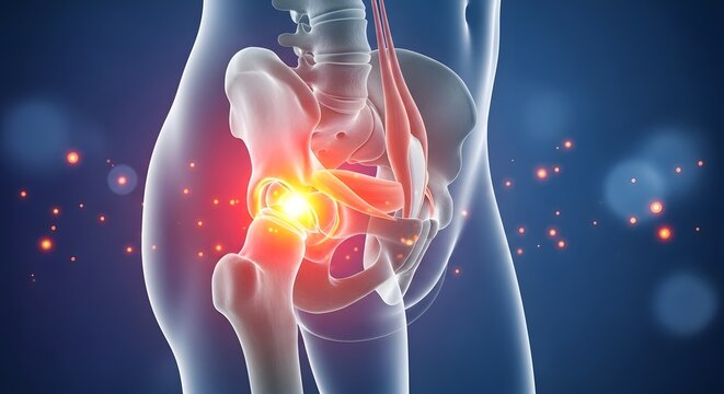 Hip joint anatomy and pelvic bone pain. Orthopedic surgery and healthcare concept. Medical illustration of human pelvis with glowing light on the femur head and acetabulum