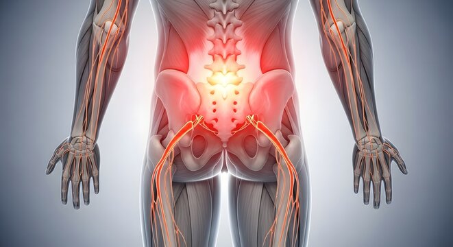 Lower back pain and sciatic nerve anatomy. Neurology and spinal health concept. Back view of human body with highlighted spine and glowing nerves extending down to the legs