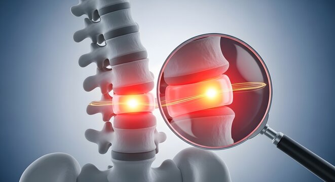 Herniated disc anatomy and spinal inflammation. Orthopedic treatment and medicine concept. Magnifying glass zooming into glowing lumbar vertebrae showing pressure and back injury