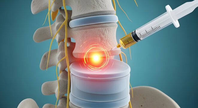 Spinal cord injection for pain management. Epidural anesthesia and chronic back relief. Medical syringe needle inserting medicine into a glowing vertebrae disc gap