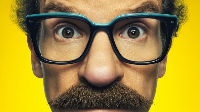 Cheerful celebration with silly mask and bright colors. Visual poster. Oversized glasses and mustache disguise on bright yellow for april fool's. Thriller poster. Promotional poster.
