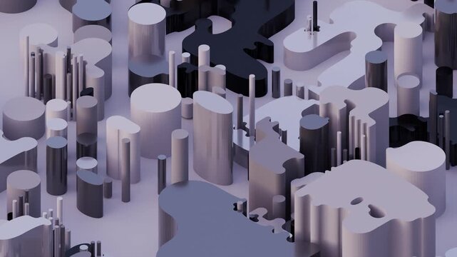 Grey 3D rounded pillars and abstract shapes shift in a seamless looping animation, depicting fintech big data and science. Abstract animation 4k