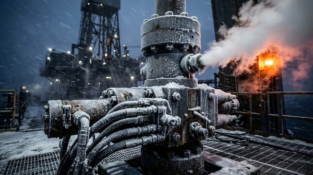 A frozen blowout preventer releases steam on a snow-covered offshore oil rig platform during a winter storm at night