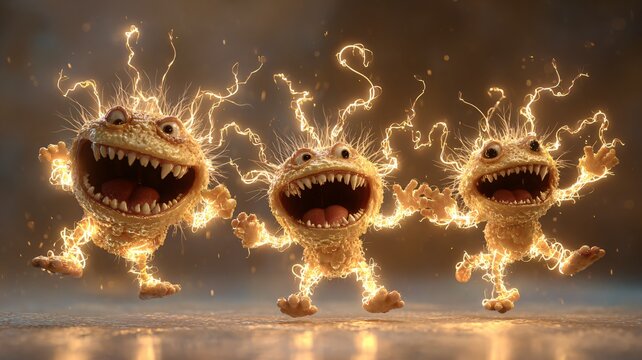 Drei tanzende, lustige Licht-Monster mit gro&szlig;en Z&auml;hnen.
