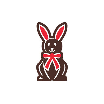 A flat illustration of a chocolate bunny with red ears and a red bow tie, isolated on a white backdrop