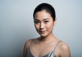 Naklejka premium Asian woman with dark hair and a silver top smiling at the camera