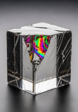 Raw, rough block of transparent optical material, ready for precision grinding and polishing into an imaging or spectroscopic prism component, heavy, crystal, industry