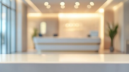 A modern reception desk in a bright lobby with elegant lighting, large windows, and plants. A backdrop for hotel, tourism, service, and corporate waiting areas and interiors