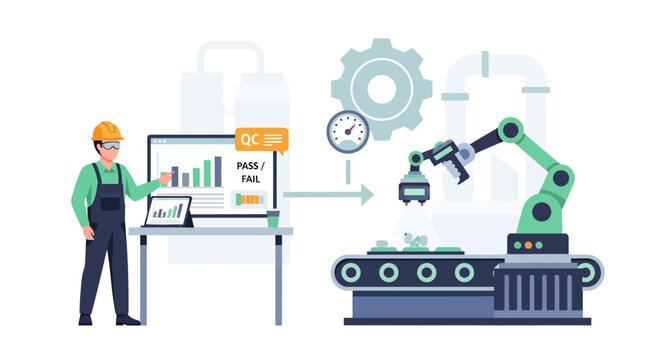 Smart Factory Quality Control: Engineer Monitoring Automated Production with Robotic Arm