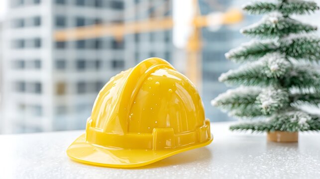 Construction hard hat with snow and tree. Symbolizing seasonal industry pause and winter safety on site.