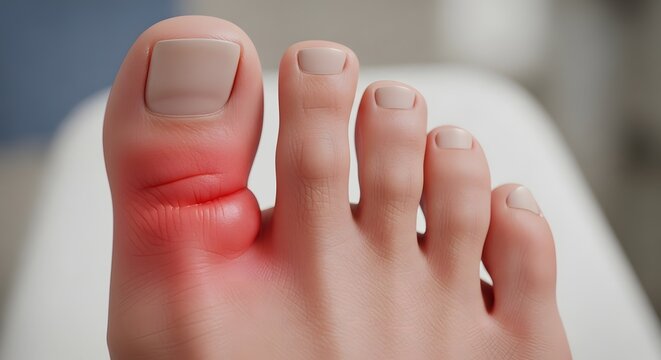Gout inflammation on human big toe joint. Arthritis symptoms and foot health. Close up of a swollen red toe joint showing gouty arthritis or bone infection