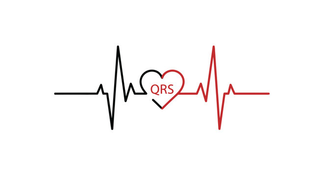 Electrocardiogram ECG Heartbeat Line with QRS Complex and Heart Shape in Red and Black on Isolated White Background