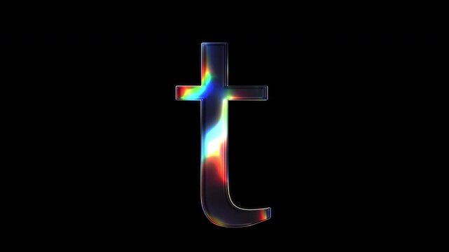 A lowercase letter "t" shimmering with various colored lights on a glass-like surface with an alpha channel. Serif font. Seamless loop video.
