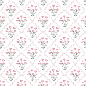 Cute pink flower bouquet seamless pattern in ogee frame on white background.