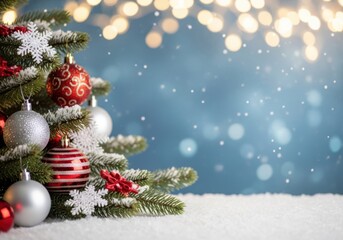 Obraz premium Decorated christmas tree with red and silver ornaments on snowy surface
