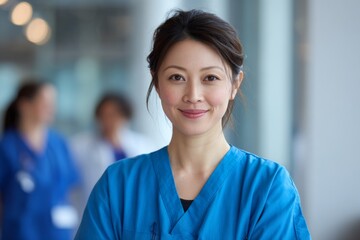 Fototapeta premium Confident nurse portrait in hospital healthcare professional smiling medical staff