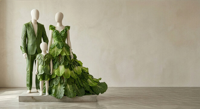 Sustainable family wearing clothing made of green leaves - Concept image of eco friendly lifestyle, plant based fashion and environmental awareness, minimal background with copy space