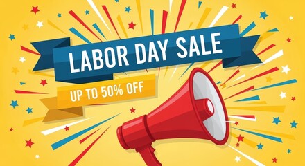 Labor Day sale flyer with megaphone and colorful stars poster banner download 2026 2027